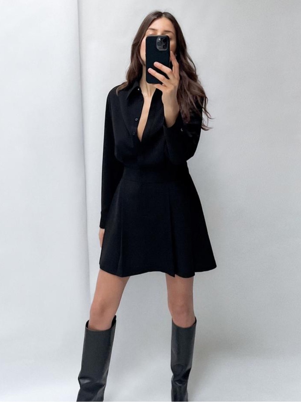 NWT Zara Black Crepe Button Front Long Sleeve Mini Dress Size Medium